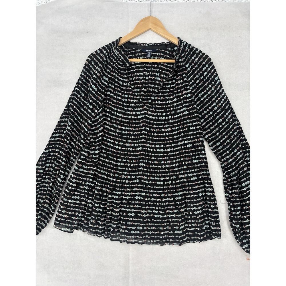 Hatley Pleated Blouse Long Sleeve Geometric Stripe Blue Women's L